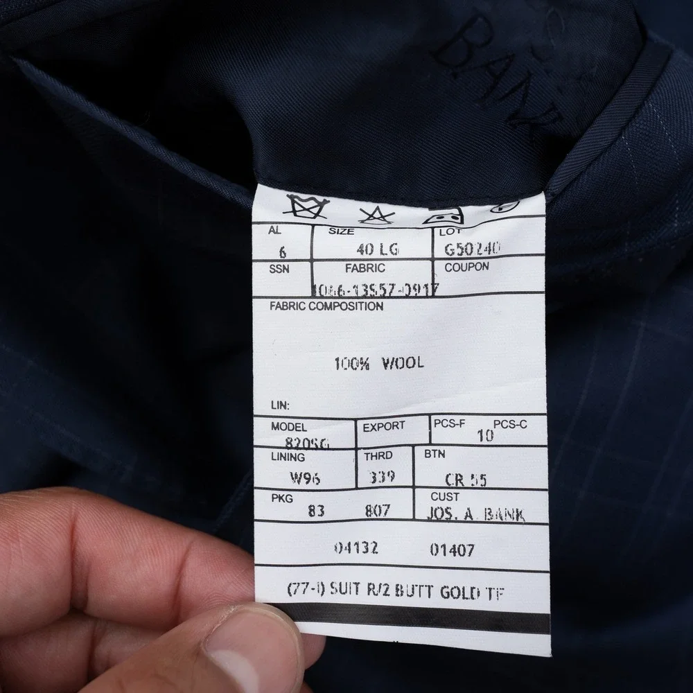 Jos A Bank Mens Navy Blue Windowpane 100% Wool 2 Button Blazer Sport Coat 40 LG